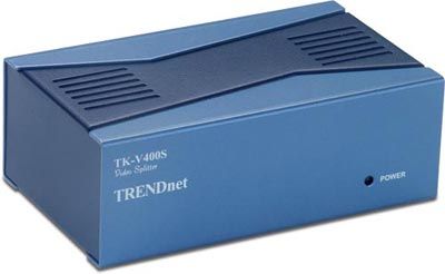 TRENDnetTK-V400S Four-Port Video Splitter, Up to 2048 x 1536 Resolution, 4 x HDDB 15 pin Female, Signal Types: VGA, SVGA, XGA, Multi Synchronization, upported OS: Windows 98/98SE/ME/2000/XP, Mac 9.0 or higher, Dimensions (L x W x H) : 121 x 72 x 43 mm (TK V400S, TKV400S, TK-V400, TKV400, Trendware)