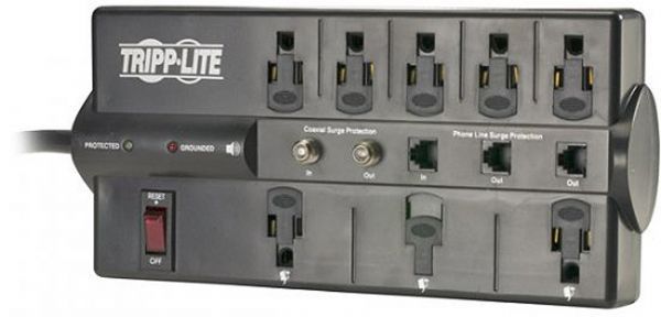 Tripp Lite TLP-808TELTV Surge Suppressor, 8 Outlet with Phone/TV Protection, Surge suppressor, External, Small workgroup server Load Rating, AC 120 V Input Voltage, AC 120 V Output Voltage, 8 x power IEC 320 Output connectors, 120 VAC Input Voltage, 120 VAC Output Voltage, 3500 Joules Rating in Joules, 8ft Length of Cord, Standing Mounting Free, LED's-Protection Working, LED's-Site Wiring Fault Indicator (TLP 808TELTV TLP808TELTV TLP-808TELT TLP-808TEL)