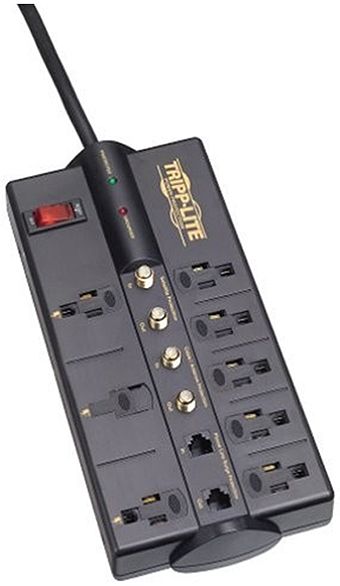 Tripp Lite TLP810SAT Surge Suppressor, Small workgroup server Load Rating, AC 120 V Input Voltage, AC 120 V Output Voltage, 8 x power NEMA 5-15 Output connector(s), 8 outlets / 10-ft. cord, 3570 joule rating, Coaxial/satellite surge protection, Modem/fax surge protection, 4.2 in x 9 in x 1.5 in Dimensions (WxDxH), Built-in LEDs confirm suppressor 