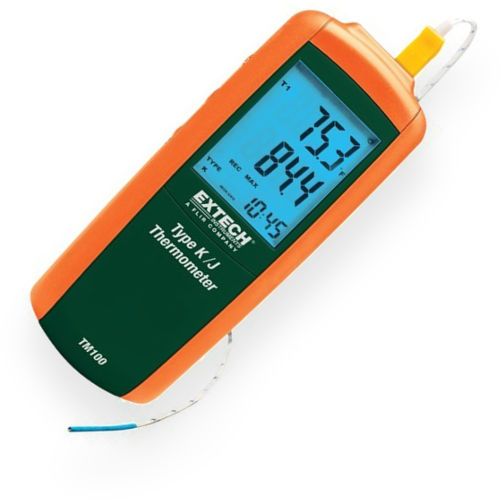 Extech TM100 Type K/J Single Input Thermometer, Large backlit LCD display, Wide temperature range with 0.1/1 resolution, Readout in F, C, or K -Kelvin, Data Hold function freezes reading on display, Max/Min/Avg readings with relative time stamp, Offset key used for zero function to make relative measurements, Auto Power off with disable feature, UPC 793950401002 (TM-100 TM 100 TM100)