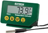 Extech TM20 Compact Temperature Indicator with Probe; Includes 0.78" (20mm) stainless steel probe with 9.6ft (2.9m) cable; Measures temperature from -40°F to 158°F (-40°C to 70°C); +/-1.8°F/1°C basic accuracy with 0.1° max resolution; Audible and visual alarm alerts when temperature level is higher or lower than the user programmed; UPC 793950420010 (TM-20 TM 20) 
