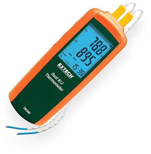 Extech TM300 Type K/J Dual Input Thermometer; Large backlit LCD displays T1, T2, T1-T2 differential, plus Min, Max, and Avg; Wide temperature range with 0.1/1 resolution; Readout in F, C, or K (Kelvin); Data Hold function freezes reading on display; Max/Min/Avg readings with relative time stamp; Offset key used for zero function to make relative measurements; UPC 793950420034 (TM-300 TM 300)