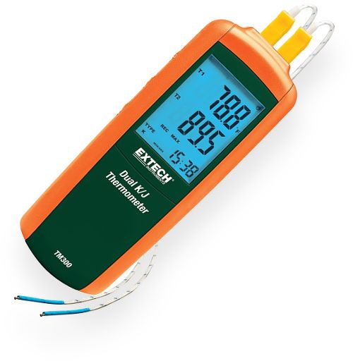 Extech TM300-NIST Type K/J Dual Input Thermometer with Calibration Traceable to NIST; Large backlit LCD displays T1, T2, T1-T2 differential, plus Min, Max, and Avg; Wide temperature range with 0.1/1 resolution; Readout in F, C, or K (Kelvin); Data Hold function freezes reading on display; Max/Min/Avg readings with relative time stamp (TM300NIST TM300 NIST TM-300 TM 300)