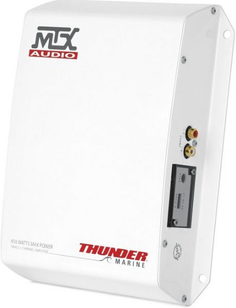 MTX Audio TM452 Thunder Class A/B 2-Channel Marine Amplifier, 4 Ohms RMS Power Output 45W x 2 Channel, 2 Ohms RMS Power Output 75W x 2 Channel, Signal-to-noise Ratio (1 Watt) 78dB, Frequency Response (-3dB) 20Hz-20kHz, Maximum Sensitivity 200mV, Maximum Input Signal 2.5V, UPC 715442241002 (TM-452 TM 452)