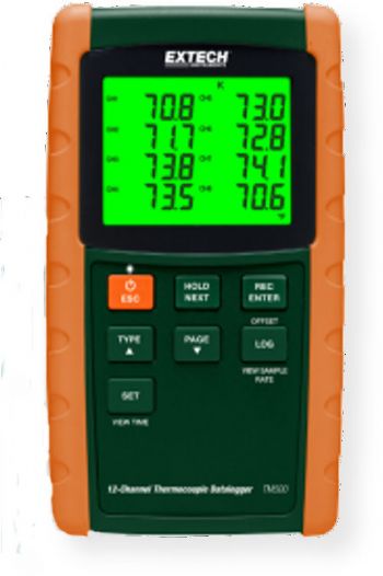 Extech TM500 Dataloggin 12 Channel Thermometer; Simultaneously displays CH1 to CH8 or CH9 to CH12; Offset adjustment used for zero function or to make relative measurements; Stores 99 readings manually; Datalogging feature records readings with date and time stamp on an SD card (included) in Excel format; UPC 793950420058 (TM500 TM-500 THERMOMETER-TM500 THERMOMETERTM500 EXTECH-TM500 EXTECHTM500)
