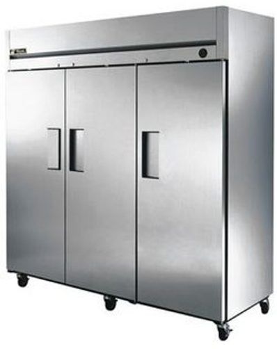 True TM-74F Solid Doors Top Mount Freezer, 74 Cu.Ft., 300 series stainless steel solid doors and front, Exterior mounted temperature monitor, Evaporator is epoxy coated, NSF-7 compliant for open food product, Adjustable, heavy duty PVC coated shelves, 78 1/8 x 29 1/2 x 78 1/4 inches Dimensions, 695 lbs Crated Weight (TM74F TM 74F TM-74 TM74 T-M74F)