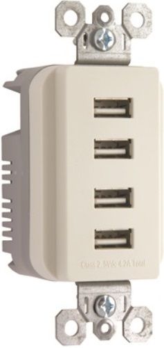 On-Q TM8USB4WCC6 Quad USB Charger, White, Includes 4 USB type A charging ports, 4.2A total charging capacity, Simultaneously charges up to 4 mobile devices, Compatible with USB 2.0 & 3.0 devices, Slim 1.3