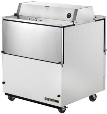 True TMC-34-DS-SS Milk Cooler, Dual Sided, White Vinyl & Stainless Steel Exterior / Stainless Steel Interior, Oversized, forced-air refrigeration system maintains milk temperatures of 33F to 38F - .5C to 3.3C, Dual sided for convenient access to product from both sides of unit, Interior - 300 series stainless steel walls and reinforced floor, 4 Doors, 2 Floor Racks, 1/3 HP (TMC 34 DS SS TMC 34DSSS)
