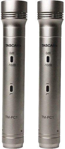 Tascam TM-PC1-2 Pencil Condenser Microphone (Twin Pack); F 25 Pressure Gradient Transducer; Low Noise, Transformer Free and Exact Electronic Circuitry; Cardioid Polar Pattern, High Sensitivity and Wide Dynamic Range; Low Frequency and Sensitivity Attenuation Switches on the Housing; Brass Housing and Champagne-Nickel Plated Surface; UPC 043774030002 (TMPC12 TMPC1-2 TM-PC12 TM-PC1)