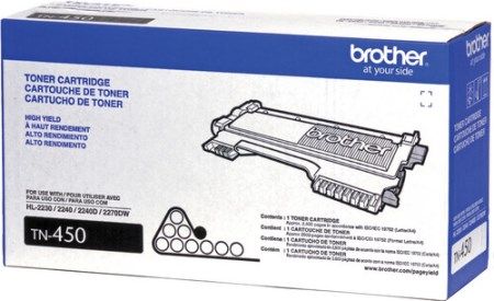 Brother TN450 High Yield Black Toner Cartridge for use with Brother DCP-7060D, DCP-7065DN, IntelliFax-2840, IntelliFAX-2940, HL-2220, HL-2230, HL-2240, HL-2240D, HL-2270DW, HL-2275DW, HL-2280DW, MFC-7240, MFC-7360N, MFC-7460DN and MFC-7860DW; Yields up to 2600 pages, New Genuine Original OEM Brother Brand, UPC 012502626770 (TN-450 TN 450)
