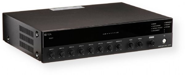 TOA Electronics A-812D Digital Mixer Amplifier, Black; 50 Hz to 20 KHz Frequency Response; 120W Power Amplifier Output; Switchable Speaker Output (4 ohms or 70 V); Electronically Balanced 4-Microphone Inputs; Bass and Treble Tone Control Knobs; Output Level Meter; Remotely Controllable Master Volume; Built-in Chime Unit; Priority Setting Function; Dimensions (WxDxH): 16.54