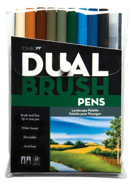 Tombow 56169 Dual Brush 10 Color Landscape Pen Set; Set of 10 colors; Blendable colors, two tips in one pen  flexible nylon fiber brush tip and fine point hard nylon tip; Both tips are fed from the same ink reservoir ensuring exact color match; Water based, odorless inks are acid free and AP non-toxic; Dimensions 8.00