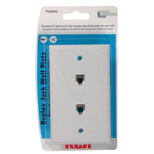 RCA TP253WHR Duplex Jack Phone Wall Plate, Connects to phone wire and mounts two phone jacks on your wall, White finish, Four wire system works with all two or four wire systems, Mounts to standard electrical outlet box or flush mounts to drywall, Lifetime warranty, UPC 079000404088 (TP253WHR TP-253WHR)
