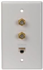 RCA TPH558R White CAT5/6 and Dual Coax Wall Plate; This RCA Dual Coax Cat5/6 Wall Plate covers wires coming into a mounted electrical box; It's easy to install, just mount with screws and attach cables to front of plate; Works with Single Cat5/Cat6 and Dual Coax Connections; UPC 044476072796 (TPH558R TP-H558R) 