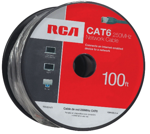 RCA TPH634R 100-Feet Cat6 Network Cable; 100 Ft Cat6 Network Cable; Connects your computer or home entertainment device to a network; Perfect for networking, DSL or cable modem/router, game consoles, Blu-ray players, connected TVs; UPC 044476071966 (TPH634R TPH634R)