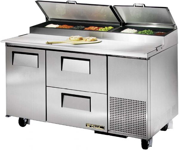 True TPP-60D-2 Pizza Prep Table, 1 door 2 drawers, sides, white, Oversized, environmentally friendly (R134A) forced-air refrigeration system holds 33F to 41F (TPP60D2 TPP60D-2 TPP-60D2 TPP-60-D2)