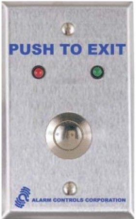 Alarm Controls TS-11 3/4 in Dia. Metal Pushbutton; Labeled Push To Exit; Red, Green Leds Operate on 12 or 24 Volts Independently Wired; Momentary Action Switch; D.P.D.T. Contacts Rated 4A. @ 25 Vdc or 120 Vac; Switch terminated With Color Coded Leads and mounted on 1.75 Inch 302 Stainless Steel Wallplate; 1.5 Inch Depth Behind Plate; UPC 604840970112 (TS-11 TS-11 TS11) 