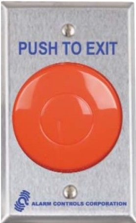 ALARM CONTROLS TS21R 1 N/O & 1 N/C 10a.MOMENTARY SWITCH, 2 1/2in DIA. RED MUSHROOM BUTTON, PUSH TO EXIT, S.G. PLATE (DAT.TS21R)