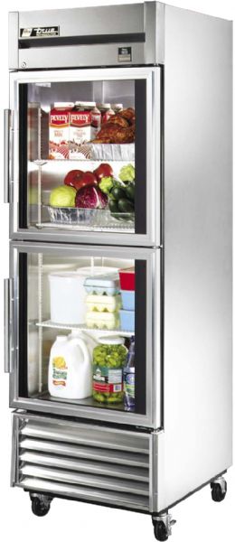 True TS-23G-2 Refrigerator, Reach-in, One-Section, 23 cu. ft., 3 shelves, 300 series Stainless Steel exterior & interior w/300 series Stainless Steel floor, (2) Low-E glass 1/2 doors w/lock, digital solar LCD thermometer, 4
