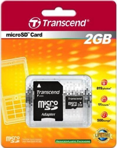 Transcend TS2GUSD microSD 2GB Memory Card with Adapter, Only 10% the size of a standard SD card but with all the same features and performance, Mechanical write protection switch on adapter, Easy to use, plug-and-play operation, Built-in Error Correcting Code (ECC) to detect and correct transfer errors, UPC 760557804871 (TS-2GUSD TS 2GUSD TS2G-USD TS2G USD)
