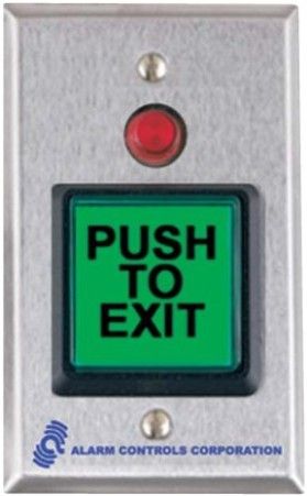 Alarm Controls TS3 Green Illuminated Push to Exit 2 in sq Pushbutton with 1/2 in Red LED, SPDT 10 A Contacts, Request to Exit, SG Plate (DAT.TS3 TS-3)