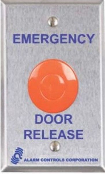 Alarm Controls TS-32 one n/o & one n/c latching contact, Emergency Door Release, IP65 rated, protected against dust and low pressure water spray, Red 1-1/2 inch diameter mushroom pushbutton, Labeled 
