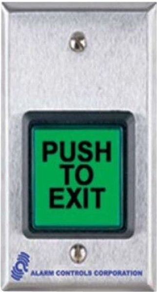 Alarm Controls TS-40 Press Exit Single Gang Stainless Steel, Meets the boca code for access controlled egress doors, pushbutton will release door if power to timer fails, Green 2 inch square pushbutton, Labeled 