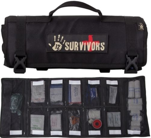 12 Survivors TS42000B First Aid Rollup Kit, Black; Zipped pouches for organized storage; Do-it-yourself velcro labels; Easily attaches to the exterior of your gear, Weather resistant nylon; Organized storage and do-it-yourself labels so you can easily identify all of your supplies under critical stress; UPC 810119018755 (TS-42000B TS 42000B TS42000)