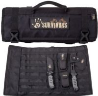 12 Survivors TS42001B Knife Rollup Kit, Black; Includes a fixed blade knife, folding knife, hand axe and multi-tool; Snap button straps; Exterior attachment to a backpack; Weather resistant nylon; Constructed from a durable and weather resistant nylon material; UPC 810119018779 (TS-42001B TS 42001B TS42001) 