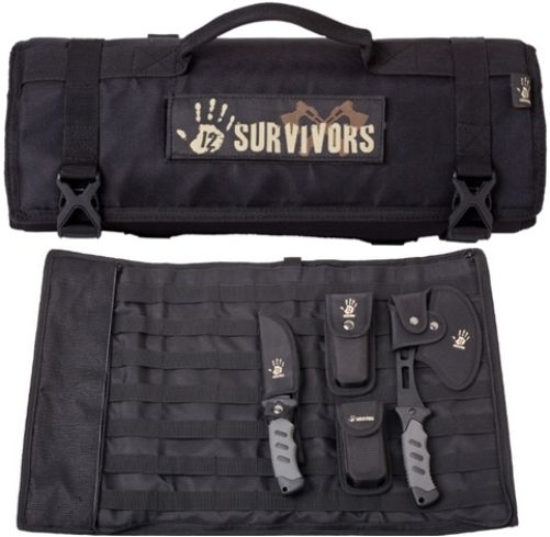 12 Survivors TS42001B Knife Rollup Kit, Black; Includes a fixed blade knife, folding knife, hand axe and multi-tool; Snap button straps; Exterior attachment to a backpack; Weather resistant nylon; Constructed from a durable and weather resistant nylon material; UPC 810119018779 (TS-42001B TS 42001B TS42001)