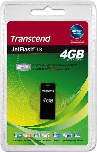 Transcend TS4GJFT3K JetFlash T3 4GB USB Flash Drive Memory, Black, Read speed 10 MB/s, Write speed 3 MB/s, Fully compatible with Hi-Speed USB 2.0, Easy Plug and Play installation, JetFlash elite Software pack (CD or download) includes, PC-Lock Function, Secret-Zip Function, E-Mail Function, AutoLogin Function, Favorites Function, DataBackup Function, UPC 760557812463 (TS-4GJFT3K TS 4GJFT3K TS4G-JFT3K TS4G JFT3K)