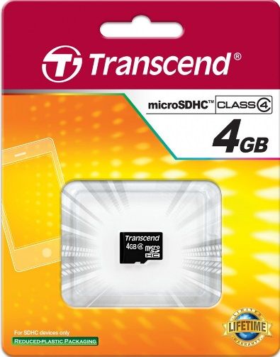 Transcend TS4GUSDC4 microSDHC 4GB Memory Card, Fully compatible with SD 2.0 Standards, SDHC Class 4 compliant, Easy to use, plug-and-play operation, Built-in Error Correcting Code (ECC) to detect and correct transfer errors, Complies with Secure Digital Music Initiative (SDMI) portable device requirements, UPC 760557819080 (TS-4GUSDC4 TS 4GUSDC4 TS4G-USDC4 TS4G USDC4)
