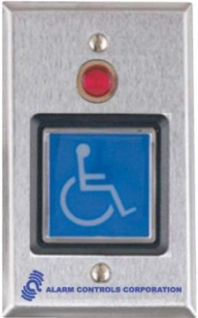 ALARM CONTROLS TS5 2in SQ. BLUE ILLUMINATED PUSHBUTTON With 1/2 in RED LED, S.P.D.T.10 A. CONTACTS, HANDICAPPED SYMBOL, S .G. PL. (DAT.TS5)