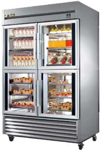 True TS-53-4-G-4-PT Half Glass / Front Doors, Pass-Thru Refrigerator, 300 Series stainless steel interior and exterior, front and sides, matching aluminum back, Positive seal self-closing doors  (TS 53 4 G 4 PT    TS534G4PT) 