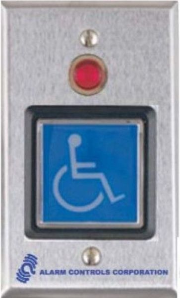 Alarm Controls TS-5T Blue Illuminated Pushbutton, Blue 2 inch square pushbutton with ada symbol, Bright 1/2 inch red led operates on 12 or 24 volts ac/dc, Momentary action switch, Adjustable 2 to 45 second s.p.d.t. timed contacts, Contacts rated 2a. at 35 vdc, Switch terminated with colored leads, Switch mounted on single gang 430 stainless steel wallplate, 2.5 inch depth behind switch, Illuminated with hi-brightness led (TS5T TS-5T TS 5T)