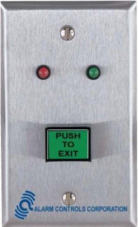 Alarm Controls TS-6 5/8 in X 7/8 in Green Illuminated Pushbutton, Labeled Push To Exit; Red and Green Leds Operate on 12 or 24 Volts; Momentary Action Switch; D.P.D.T. Contacts Rated 2A. @ 12 - 28 Vdc; Switch Terminated With 10