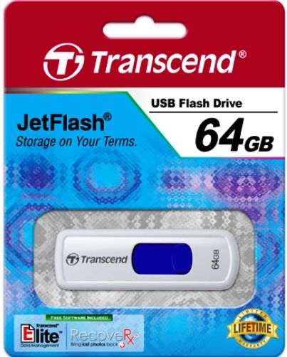 Transcend TS64GJF530 JetFlash 530 64GB Retracable Flash Drive (Blue Slider), White, Read 15 MByte/s, Write 7 MByte/s, Capless design with a sliding USB connector, Fully compatible with USB 2.0, Easy plug and play installation, USB powered. No external power or battery needed, Offers a free download of Transcend Elite data management tools, UPC 760557819264 (TS-64GJF530 TS 64GJF530 TS64G-JF530 TS64G JF530)