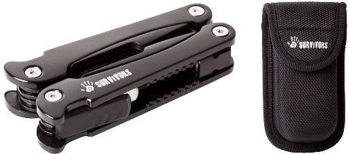 12 Survivors TS72001B Multi-tool, Built-in spring, Locking/release mechanisim, Nylon pouch with belt loop included, Anodized aluminum material, Black oxide finish, Dimensions (closed) 10.6x4.5x2.2cm, Dimensions (opened with plyers only) 16.4x13.5x2.2cm, Weight 8.8oz, UPC 810119018830 (TS-72001B TS 72001B TS72001)