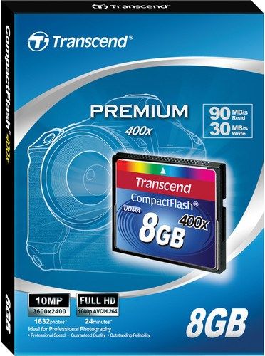 Transcend TS8GCF400 Premium Series 8GB CompactFlash Card, Ultra-fast 400X performance with four-channel support, Manufactured with brand-name MLC NAND Flash chips, Conforms to CF Type I standards, Data transfer rate Read 90MB/sec (Max), Data transfer rate Write 60MB/sec (Max), Support high-end DSLR, UPC 760557817925 (TS-8GCF400 TS 8GCF400 TS8-GCF400 TS8 GCF400)