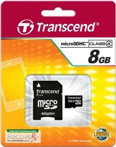 Transcend TS8GUSDHC4 microSDHC 8GB Memory Card with Adapter, Fully compatible with SD 2.0 Standards, SDHC Class 4 compliant, Easy to use, plug-and-play operation, Built-in Error Correcting Code (ECC) to detect and correct transfer errors, Complies with Secure Digital Music Initiative (SDMI) portable device requirements, UPC 760557812722 (TS-8GUSDHC4 TS 8GUSDHC4 TS8G-USDHC4 TS8G USDHC4)