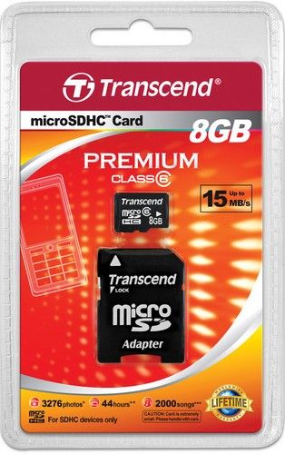 Transcend TS8GUSDHC6 microSDHC Class 6 (Premium) 8GB Memory Card with microSD Adapter, Fully compliant with the SD 2.0 standard, Only 10% the size of a standard SD card, SDHC Class 6 speed rating guarantees fast and reliable write performance, Built-in Error Correcting Code (ECC) to detect and correct transfer errors, UPC 760557814245 (TS-8GUSDHC6 TS 8GUSDHC6 TS8G-USDHC6 TS8G USDHC6)