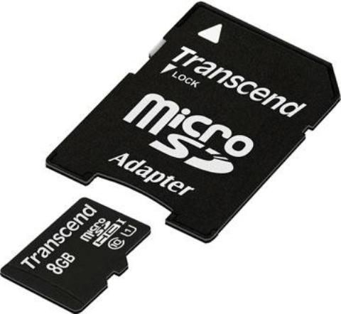 Transcend TS8GUSDU1 Micro SDHC Class10 U1 With Adapter, 8 GB Storage Capacity, UHS Class 1 / Class10 SD Speed Class, microSDHC UHS-I Memory Card Form Factor, 2.7 - 3.6 V Supply Voltage, ECC support, write protection switch, Content Protection for Recorded Media (CPRM) Features, Plug and Play, RoHS Compliant Standards, UPC 760557824954 (TS8GUSDU1 TS 8 GUSDU1 TS 8 GUSDU1)