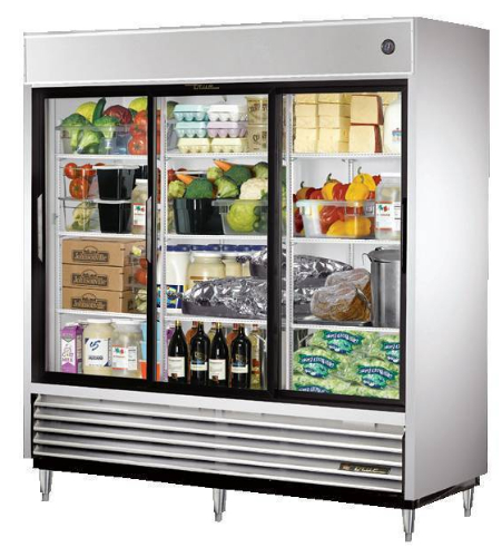 True TSD-69G-LD Reach-In Glass Slide Door Refrigerator with LED Lighting, 3 Gallon Capacity, 3 Doors, 6 Shelves, 78 1/8 in - 1375 mm Large, 29 5/8 in - 782 mm Depth, 78 3/8 in - 845 mm Height, 1/2 HP, 115/60/1 Voltage, 12 Amps, 5-15P NEMA Config, 9 ft / 2.74 m Cord Length, 625 lb - 284 Kg Crated Weight,  (TSD69GLD TSD-69G-LD TSD-69GLD)