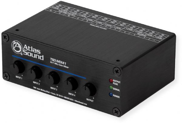 Atlas Sound TSD-MIX41 4 by 1 Mic, Line Mixer; Black; Ideal for applications where multiple mic or line sources need to be sub mixed or summed; Four (4) Balanced Mic, Line Inputs; Four (4) professional grade microphone preamps with switchable 24 Volts Phantom Power; Up to 50dB mic gain per input; UPC 612079187812 (TSDMIX41 TSD-MIX41 ATLASTSD-MIX41 ATLAS-TSD-MIX41 MIXER-TSD-MIX41 MIC-TSD-MIX41MIXER)