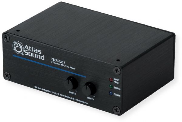Atlas Sound TSD-RL21 Two Channel Mixer; Black; Ideal for applications where paging, public address, and BGM music is required; Selectable Balanced Mic or Line Input; RCA Actively Summed Input; High Gain Mic Input 50dB; Balanced Line Out; Input Peak and Signal Indicator LEDs; UPC 612079187874 (TSD-RL21 TSDRL21 ATLASTSD-RL21 ATLAS-TSD-RL21 MIXER- TSD-RL21 MIX-TSD-RL21)