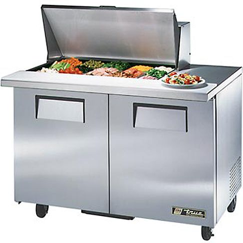 True TSSU-48-15M-B-ADA Mega Top Sandwich/Salad Unit, 15 Pans, 2 Doors, 12 cu ft, 49 inch ADA Compliant, Stainless steel front, top and sides, White anodized aluminum interior and stainless steel bottom, Oversized and balanced, environmentally friendly refrigeration system - holds 32F-38F, Front breathing, Work surface 36 high, Adjustable vinyl coated wire shelves (TSSU4815MBADA TSSU48-15M-BADA TSSU-4815M-BADA TSSU-48-15MBADA) 