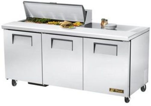 True TSSU-72-10 Bin Sandwich/Salad Prep Table, Holds 33F to 41F product temperature in pans, All stainless steel front, top, and sides, aluminum finished back, Interior - attractive, NSF Approved, white aluminum sides and top, coved corners, and 300 series stainless steel floor, Heavy duty PVC coated wire shelves (TSSU-72-10 TSSU 72 10 TSSU7210)