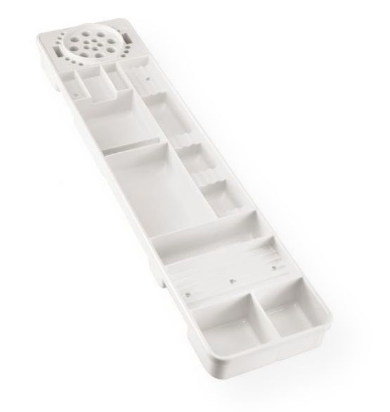 Alvin TT599-1 White Table and Desktop Storage Tray; A versatile storage system that keeps work surfaces clear and organized; Made from sturdy molded ABS high-impact plastic, these trays have 14 compartments of various sizes and removable inserts with 27 positions for pencils, pens, and markers; Special compartments for scissors and items up to 15