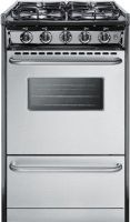 Summit TTM11027BRSW Gas Range, Slim 20 inch width, Stainless steel oven and broiler door, Oven window with light, Broiler compartment, Recessed top, Oven racks, Two-piece broiler tray, Slide-in look, Four sealed 9100 BTU burners, Professional towel bar handles, Electronic ignition, Removable burner caps, Push-to-turn knobs, Porcelain construction, UPC 767383366504 (TTM 11027 BRSW TTM 11027BRSW TTM11027 BRSW TTM-11027-BRSW TTM-11027BRSW TTM11027-BRSW) 