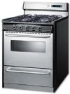 Summit TTM23027BKSW Freestanding Gas Range With 4 Burners, Sealed Cooktop, 3.7 Cu. Ft. Primary Oven Capacity, Broiler Drawer, Viewing Window, In Stainless Steel, 30" Wide; Recessed top, smart design helps to contain spills; Deluxe backguard, high backguard to protect wall from back splashes; Electronic ignition, gas spark ignition for automatic lighting of burners; UPC 761101051291 (SUMMITTTM23027BKSW SUMMIT TTM23027BKSW SUMMIT-TTM23027BKSW) 